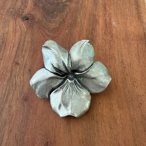 Seagull Pewter Brooch Lapel Pin Signed 3D Figural Art Jewelry Flower Floral